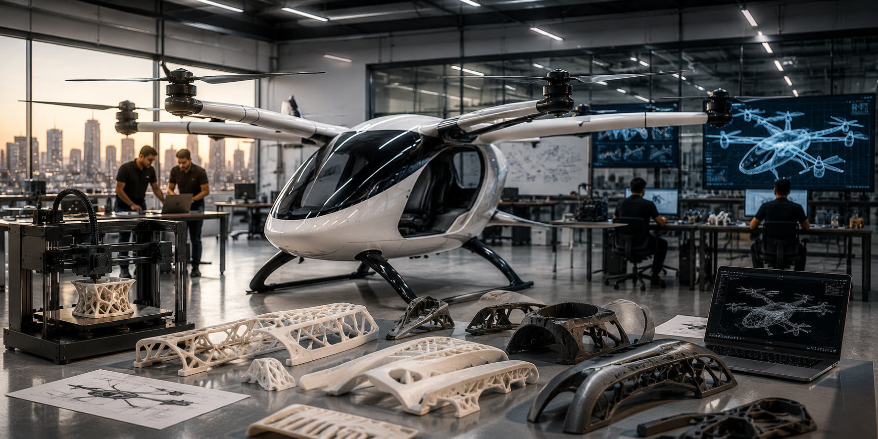 eVTOL aircraft prototype with 3D printed aerospace parts